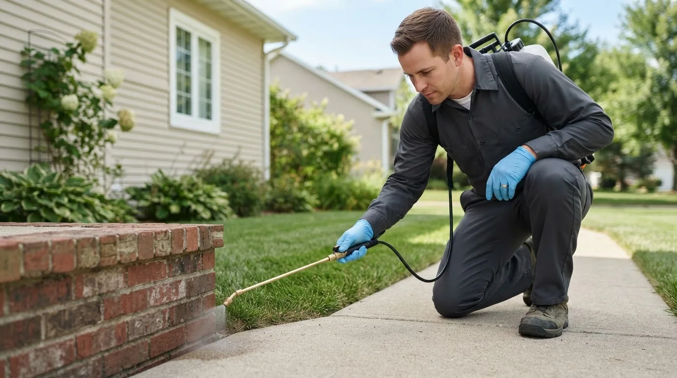 Pest control technician treating a home near Tow, TX