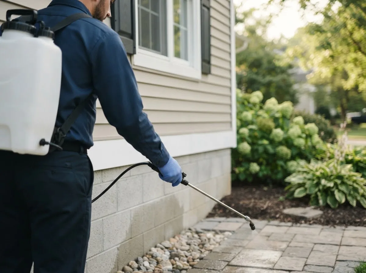 Pest control technician inspecting a home in Tow, TX